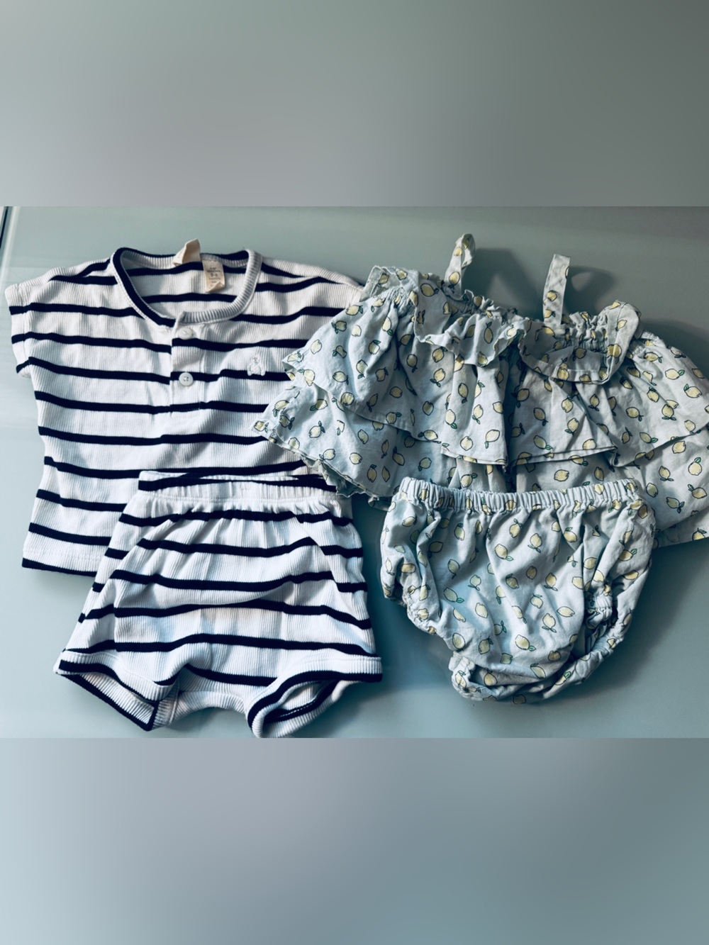 GAP Navy Stripe Top and Lemon Print Blue Matching Set 3-6 months